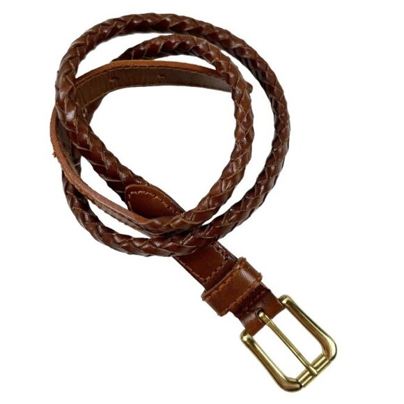 Vintage Liz Claiborne Brown Leather Braided Belt Solid Brass Buckle Size Small - Picture 1 of 11